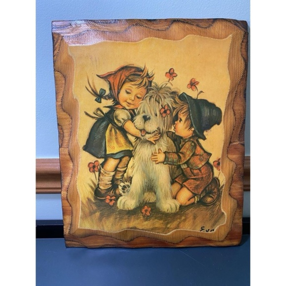 Vintage Hummel Wall Art Evans Girl Boy Dog 70's Wood Plaque Cottagecore